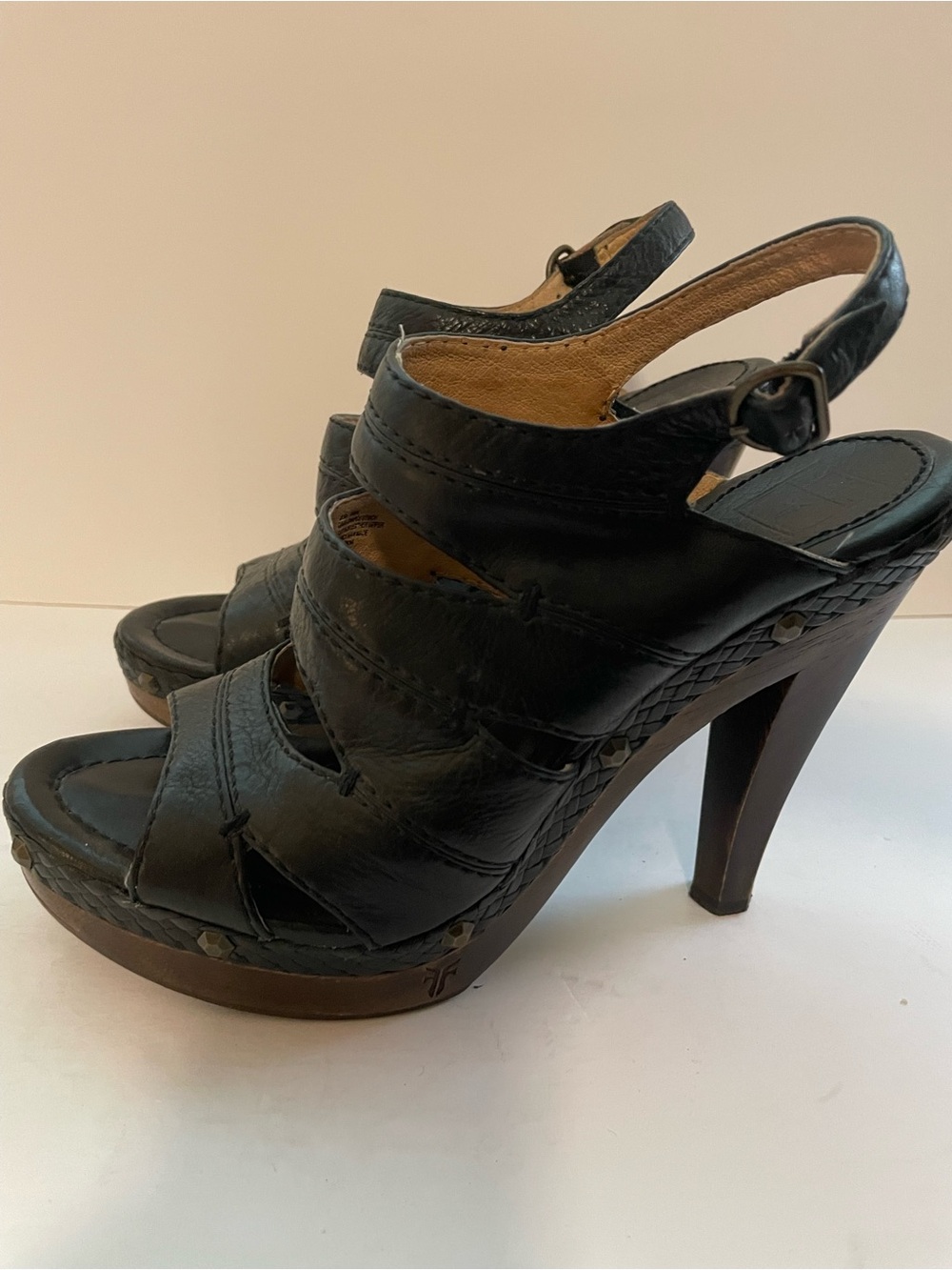 Vintage Frye Black Leather Strappy Slingback High Heels